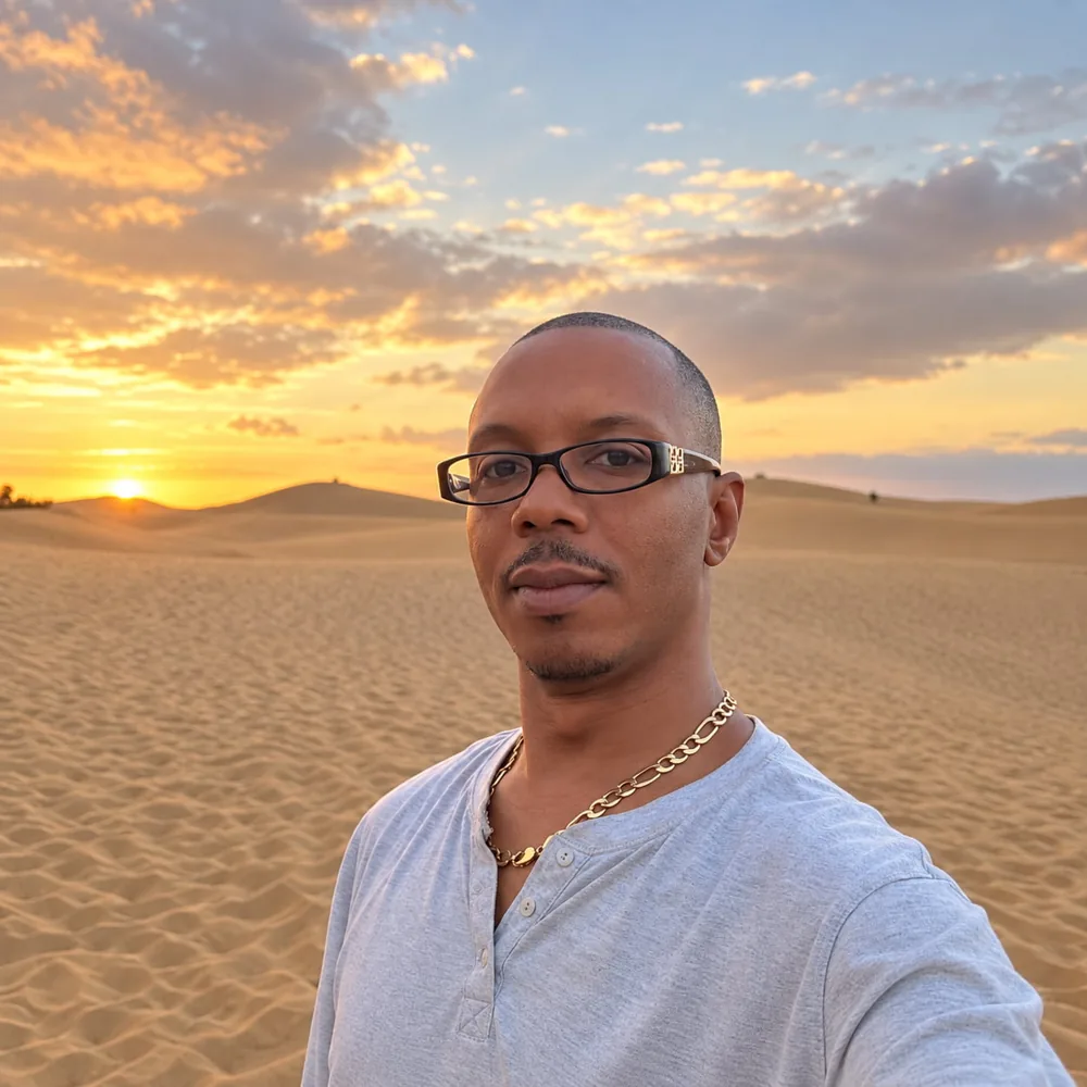 Nathan Anderson in the desert at sunset