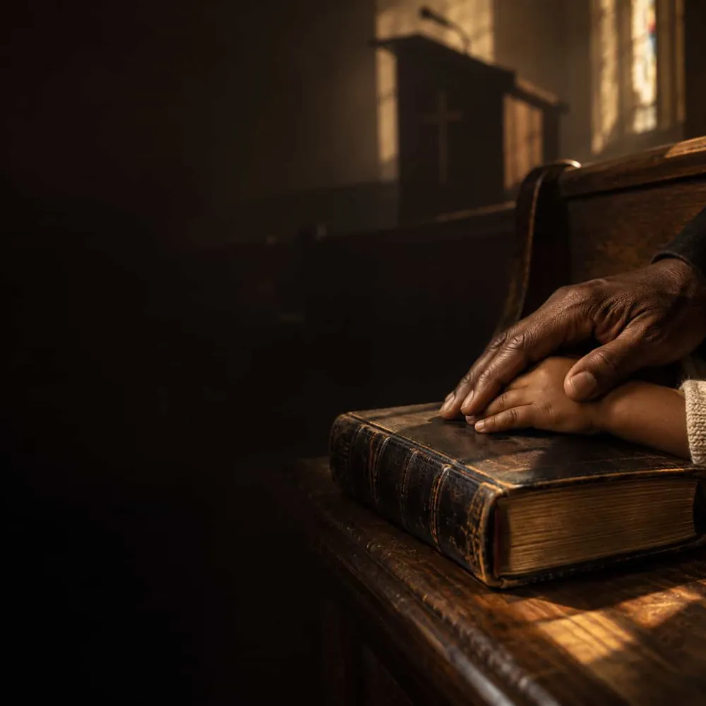 Hands resting on an old Bible in a dim church
