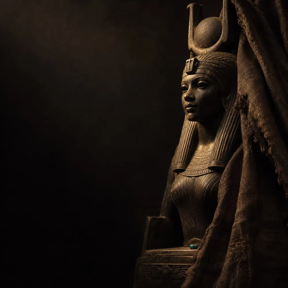 An ancient statue of Isis in shadow