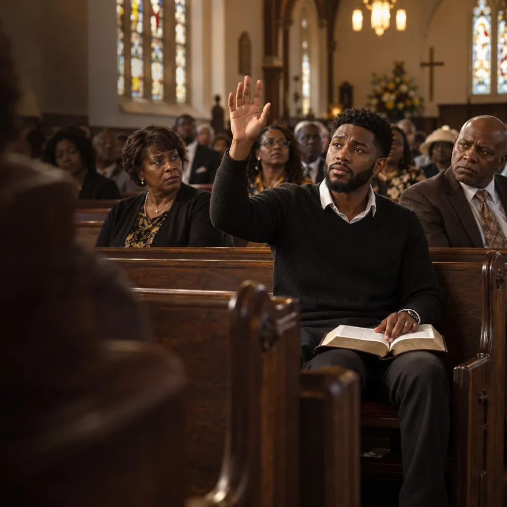 A man raising his hand with a question in a church service