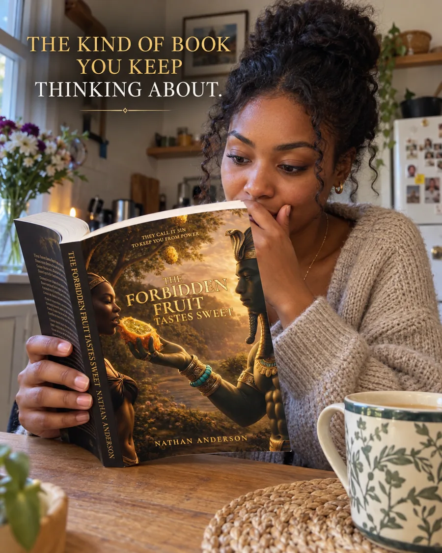A woman at her kitchen table, hand to her mouth, absorbed in The Forbidden Fruit Tastes Sweet
