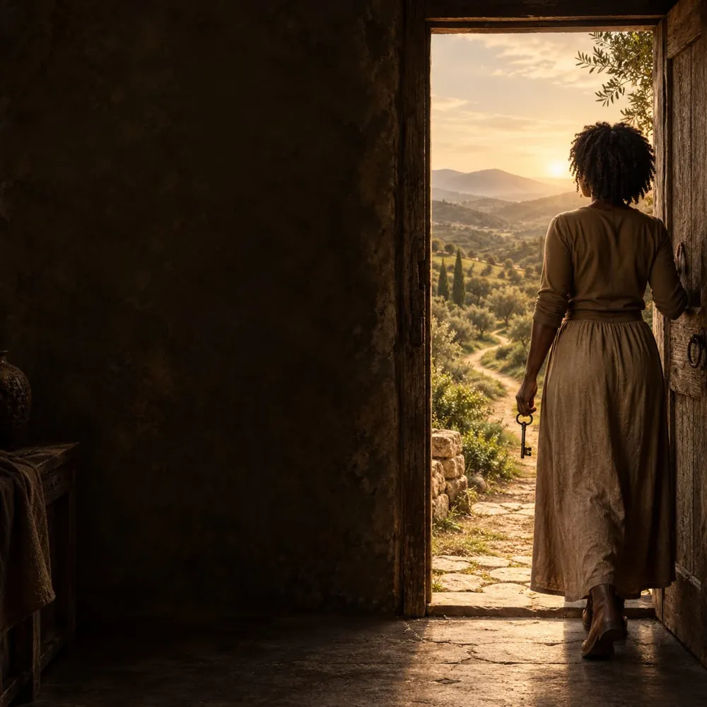 A woman stepping through an open doorway into the light